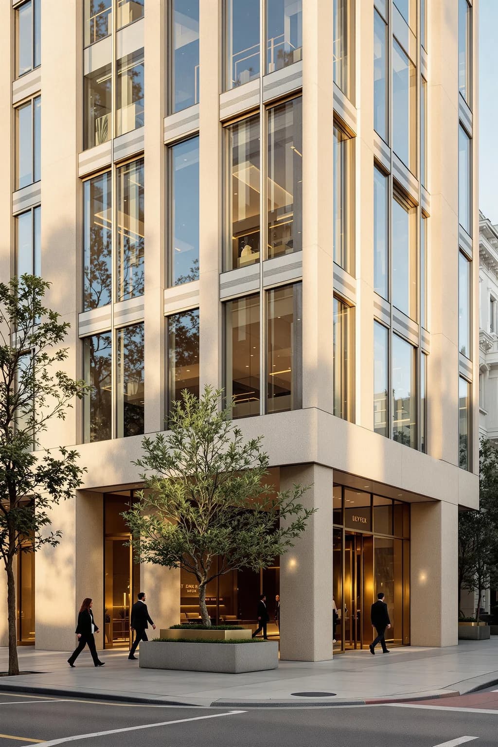The corner of a modern commercial building at late afternoon, warm sunlight on the facade