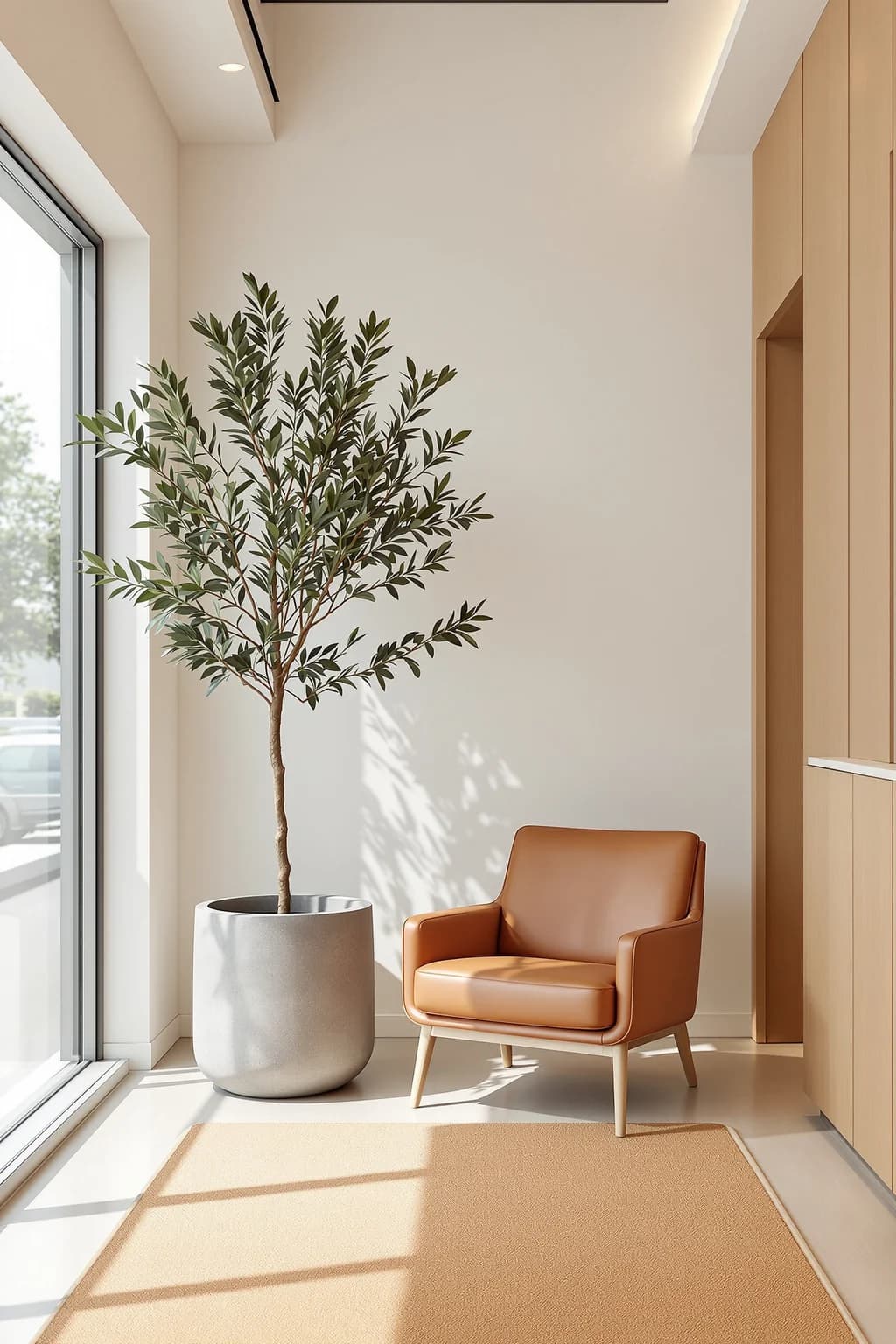 A minimalist reception interior with an olive tree, leather chair, and warm morning light
